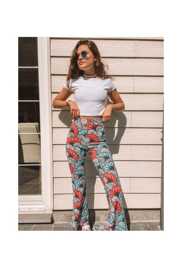 red and white flare pants