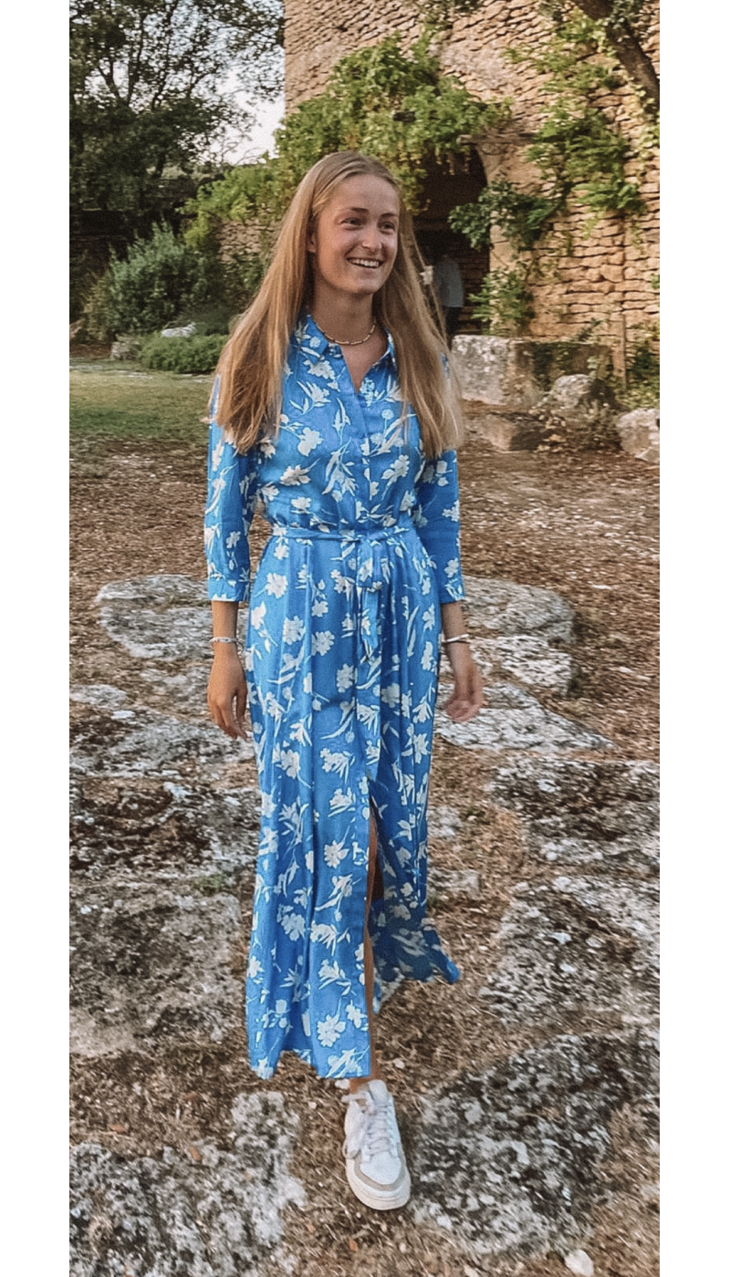 Long blouse dress MANON BLEUE with white flowers