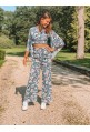 Crop top IBIZA gris à fleurs roses et blanches