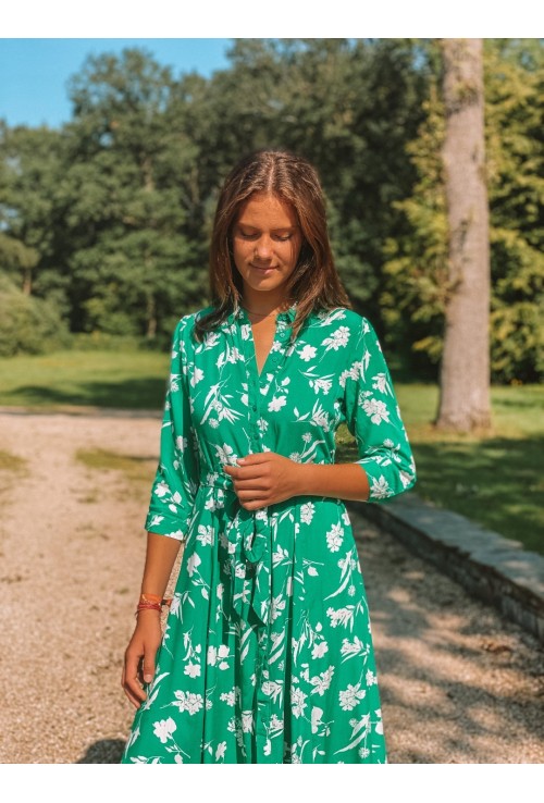 Long blouse dress MANON BLEUE with white flowers