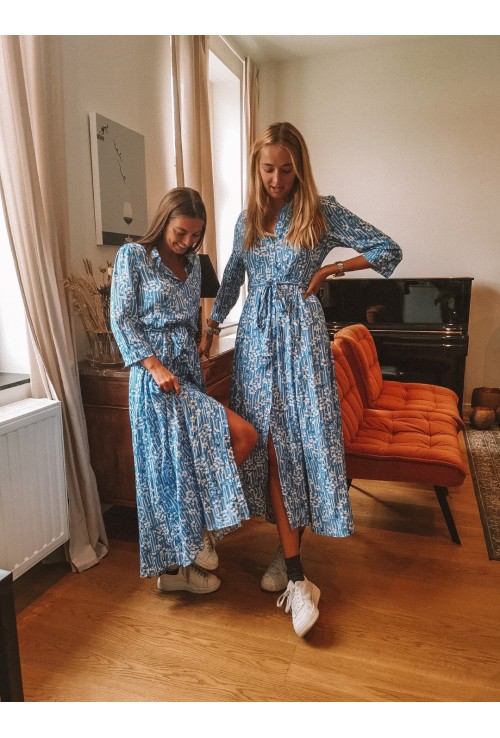 Robe chemisier longue ELISA BLEU CIEL à fleurs blanches