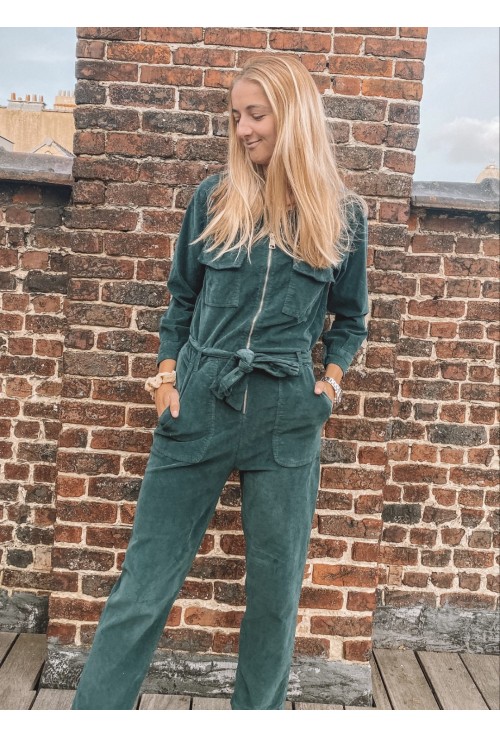 Combinaison pantalon GABY VERTE en velours côtelé vert foncé