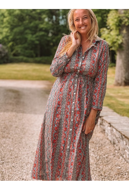 Robe chemisier longue ALICE MULTICOLORE imprimé indien rouge et bleu jeans