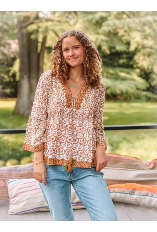 Chemisier indien ELSA rose, jaune et orange