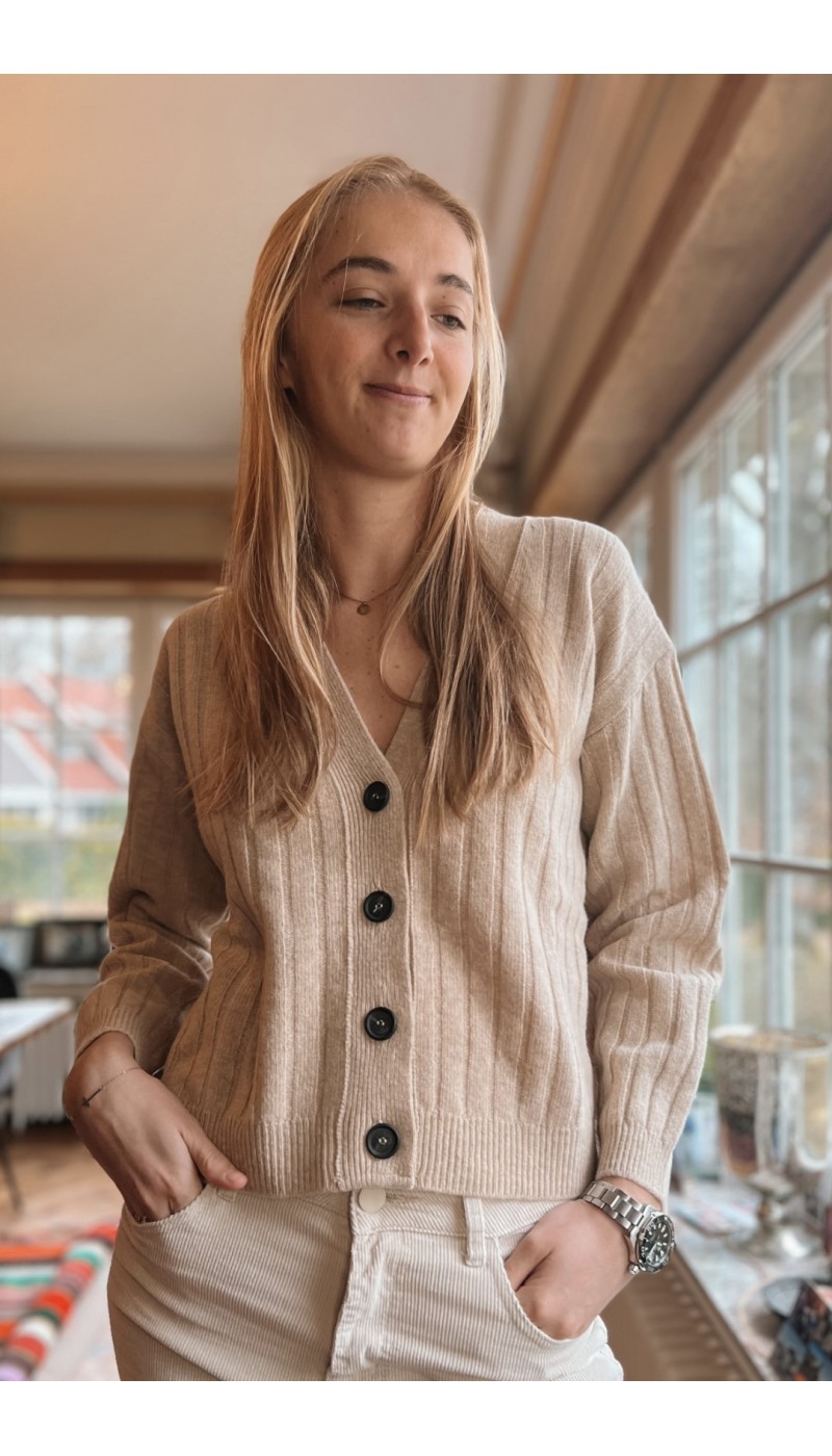 Cardigan ROMEO BEIGE en pure laine à côtes