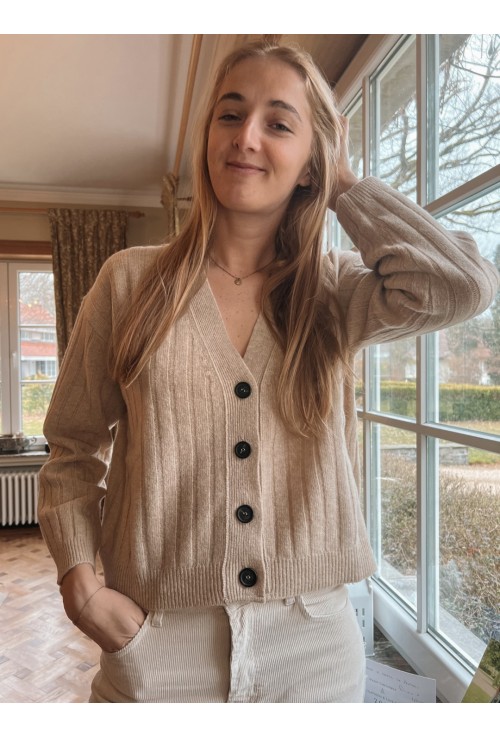 Cardigan ROMEO BEIGE en pure laine à côtes