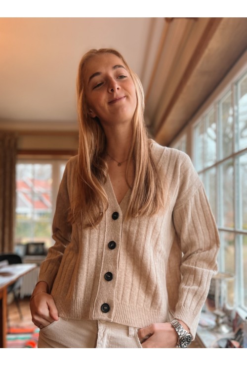 Cardigan ROMEO BEIGE en pure laine à côtes