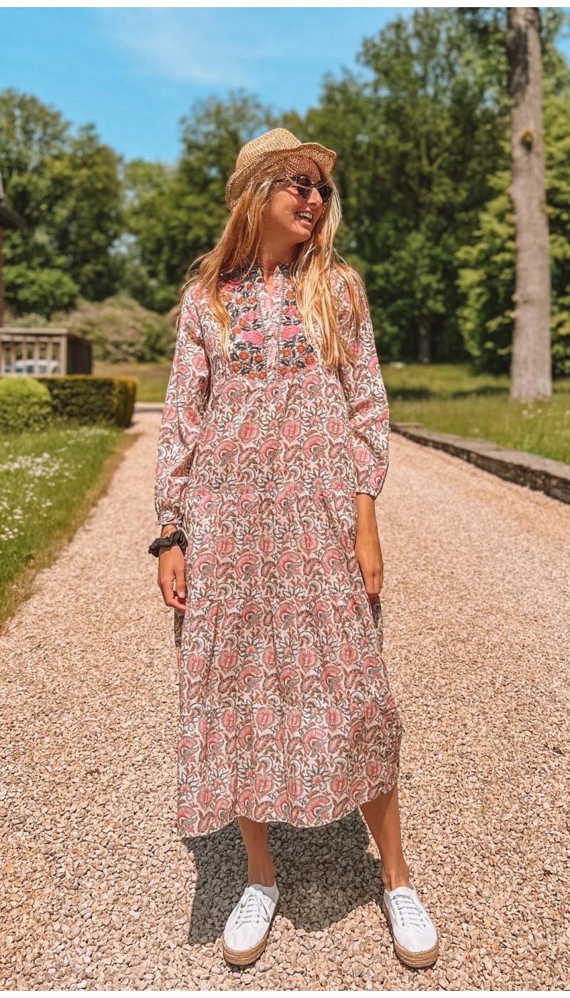 Robe longue ALINA brodée rose et beige