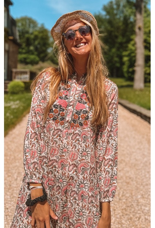 Robe longue ALINA brodée rose et beige