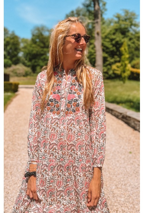 Robe longue ALINA brodée rose et beige