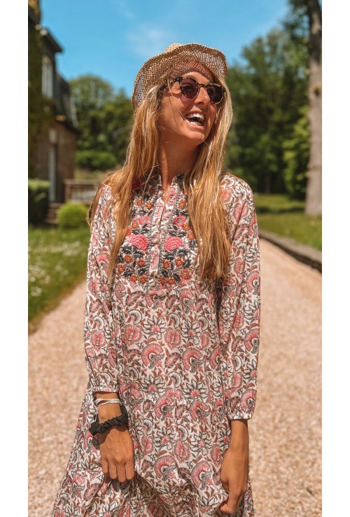 Robe longue ALINA brodée rose et beige
