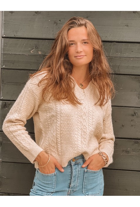 Pull RALF écru en laine avec motifs torsade