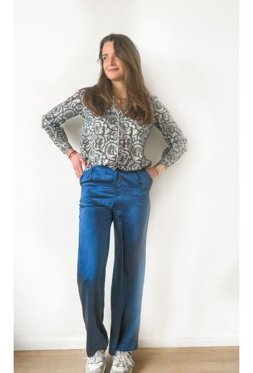 Pantalon flare ALLEN en satin bleu nuit