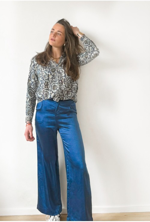Pantalon flare ALLEN en satin bleu nuit