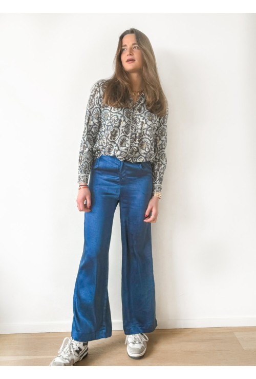 Pantalon flare ALLEN en satin bleu nuit