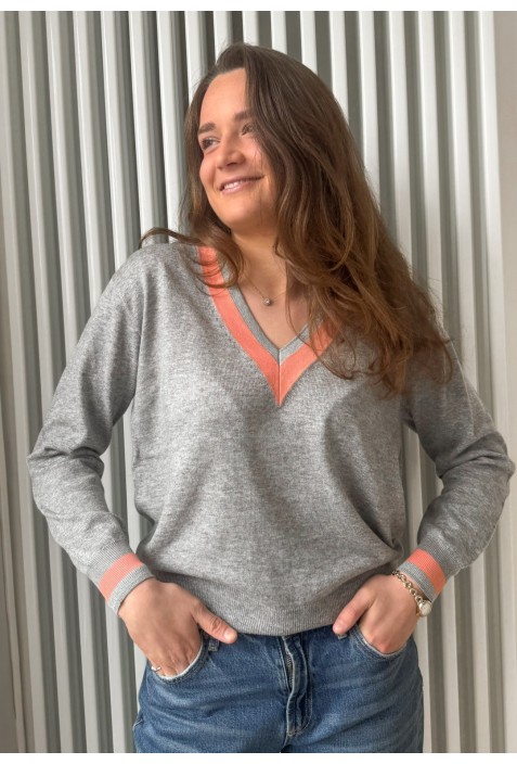 Pull en V GOLF GRIS et corail Pull en V GOLF GRIS et corail