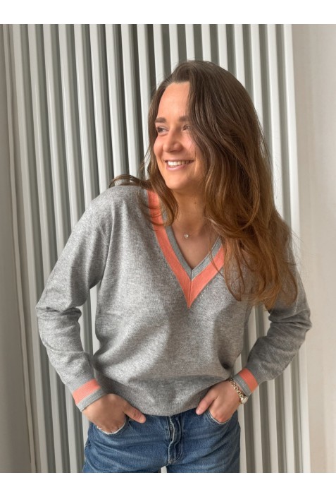 Pull en V GOLF GRIS  et corail