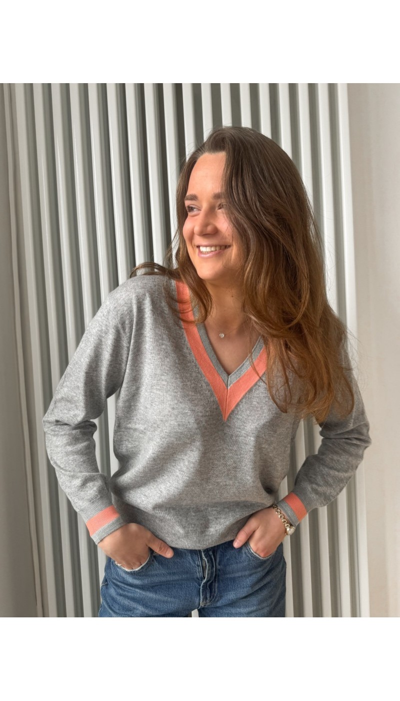 Pull en V GOLF GRIS  et corail