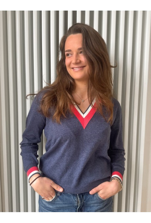 Pull en V GOLF BLEU blanc et rouge