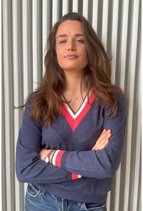 Pull en V GOLF BLEU blanc et rouge