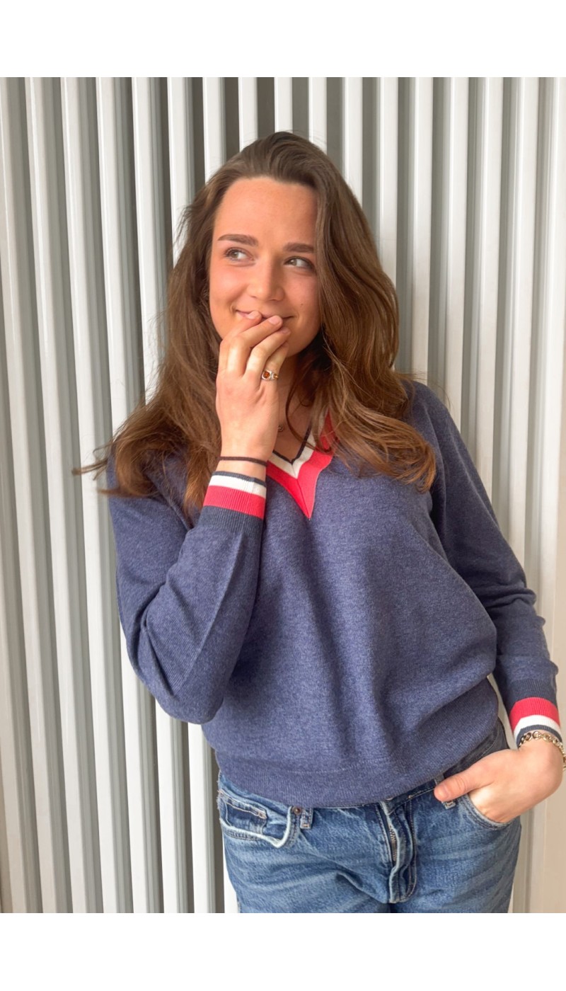 Pull en V GOLF BLEU blanc et rouge