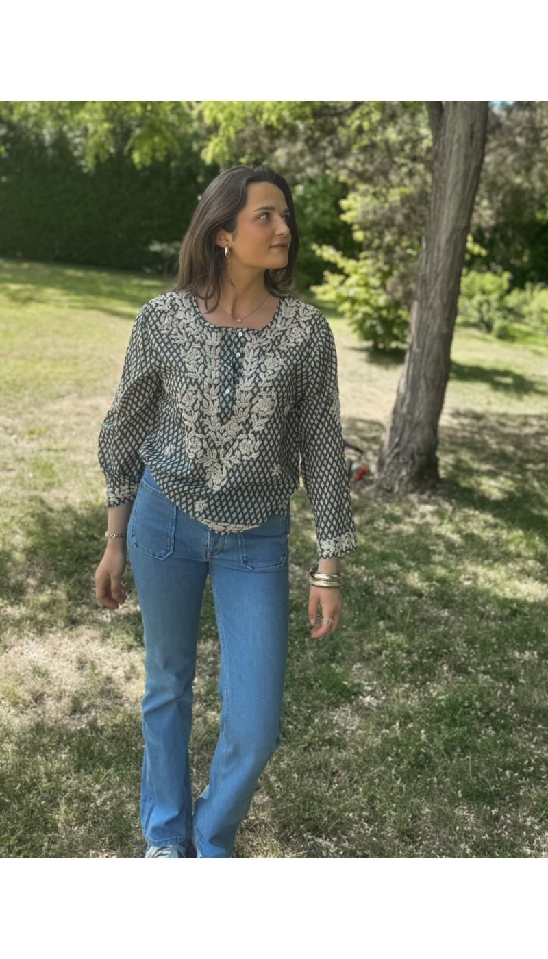 Chemisier GABRIELA BLEU JEAN brodé de fleurs