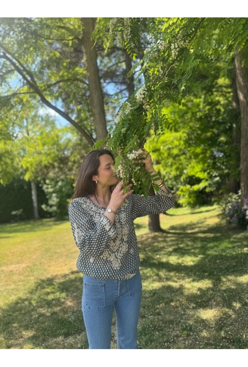 Chemisier GABRIELA BLEU JEAN brodé de fleurs