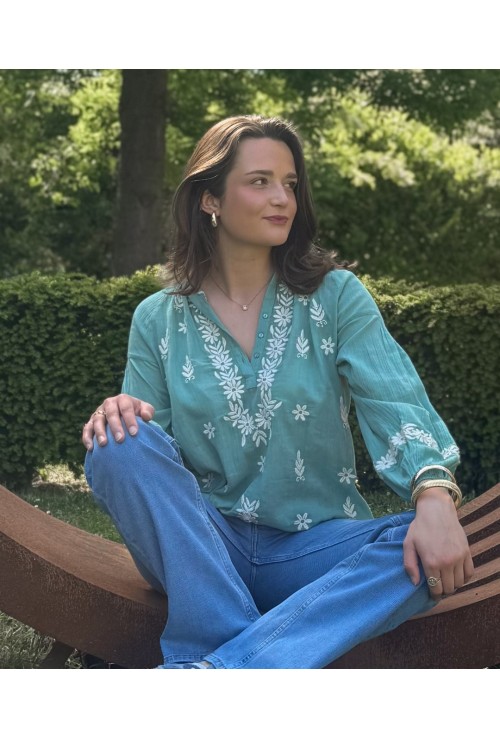 Chemisier GABRIELA VERT brodé de fleurs