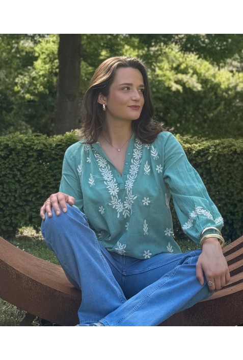 Chemisier GABRIELA VERT brodé de fleurs