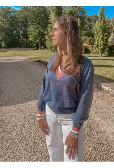 Pull en V GOLF BLEU blanc et rouge