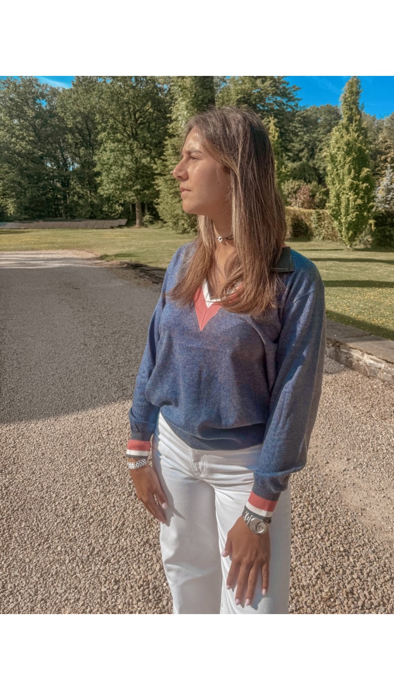 Pull en V GOLF BLEU blanc et rouge