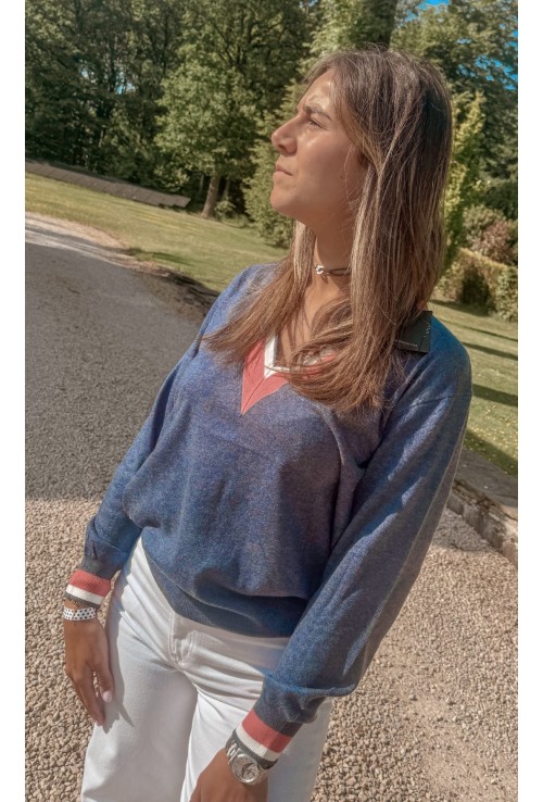 Pull en V GOLF BLEU blanc et rouge