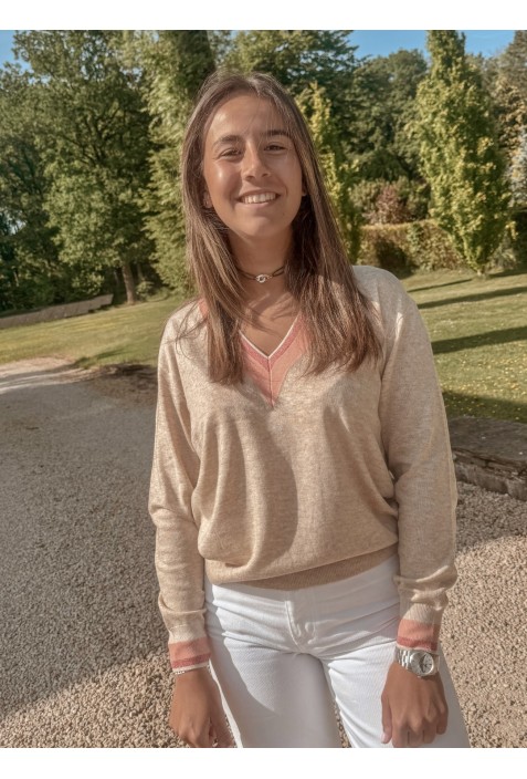 Pull en V GOLF BEIGE et corail Pull en V GOLF BEIGE et corail