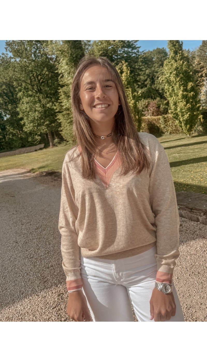 Pull en V GOLF BEIGE et corail