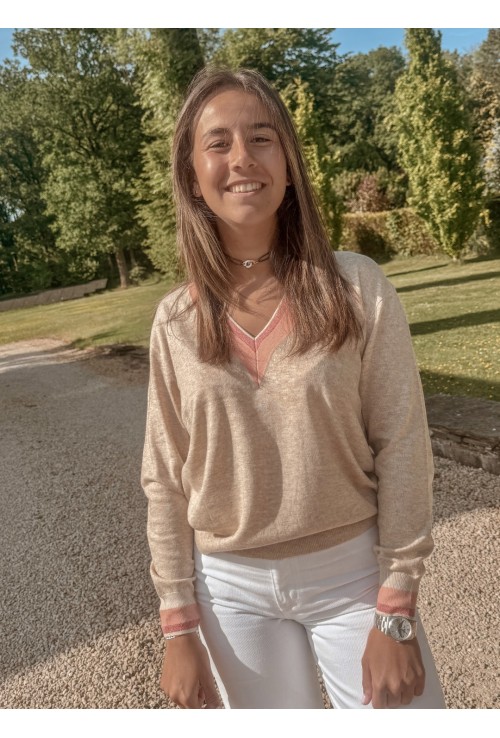 Pull en V GOLF BEIGE et corail