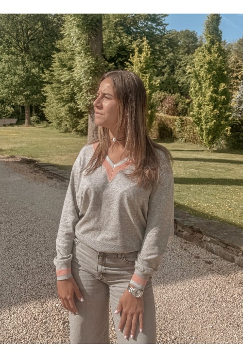 Pull en V GOLF GRIS  et corail