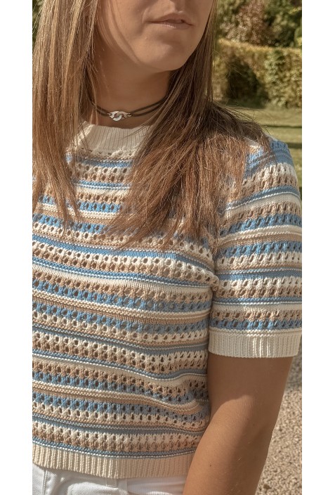 Pull BUDY à lignes bleues et beige Pull BUDY à lignes bleues et beige