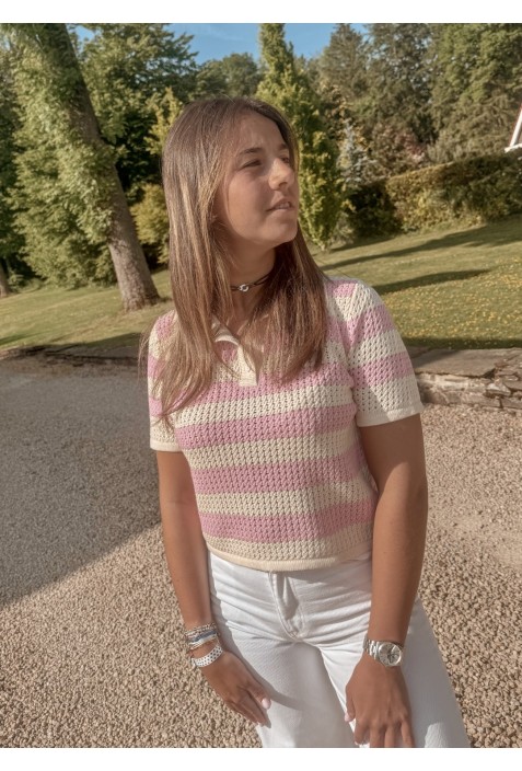 Polo BORIS ROSE en maille crochet écru Polo BORIS ROSE en maille crochet écru