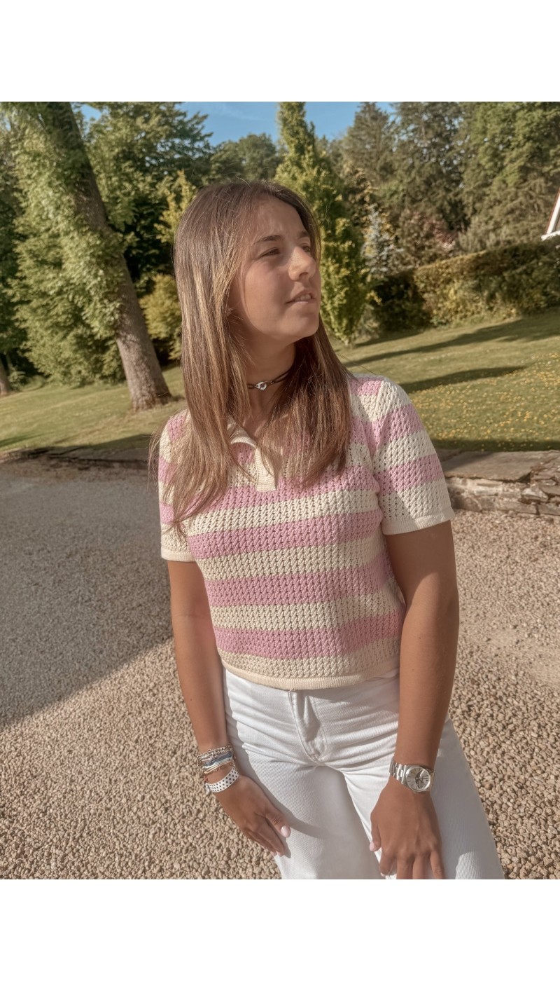 Polo BORIS ROSE en maille crochet écru