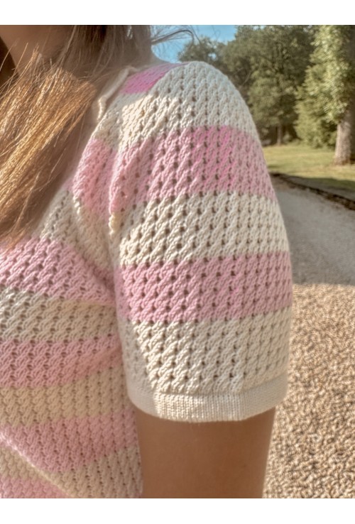 Polo BORIS ROSE en maille crochet écru