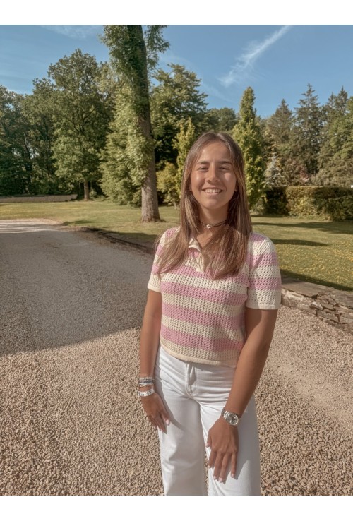 Polo BORIS ROSE en maille crochet écru