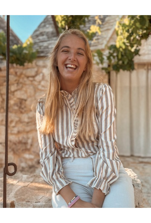 Chemisier à froufrous GABY LIGNE écru et bleu