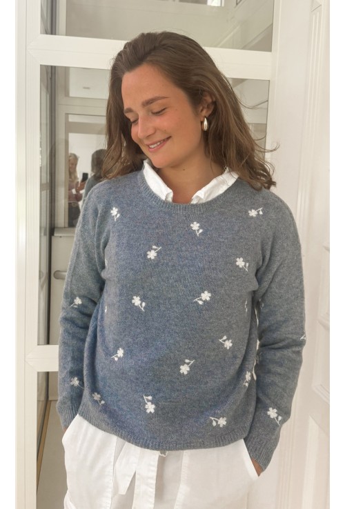 Pull bleu brodé de fleurs ANDY