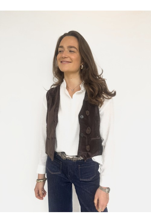 Gilet en velours brun brodé ROBBIE