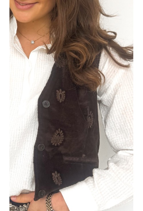 Gilet en velours brun brodé ROBBIE