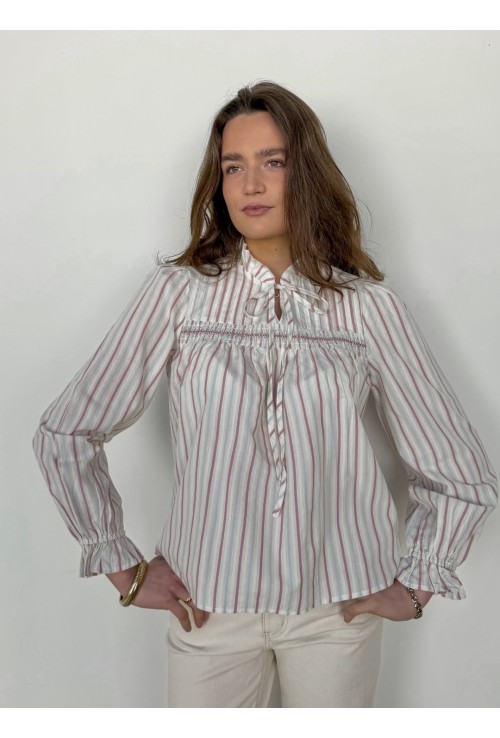 Chemisier LILA à smocks rose et bleu ciel