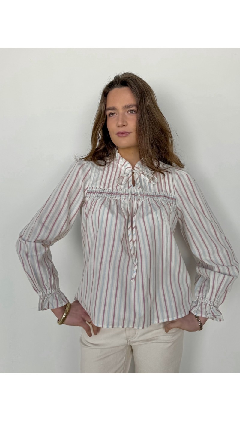 Chemisier LILA à smocks rose et bleu ciel