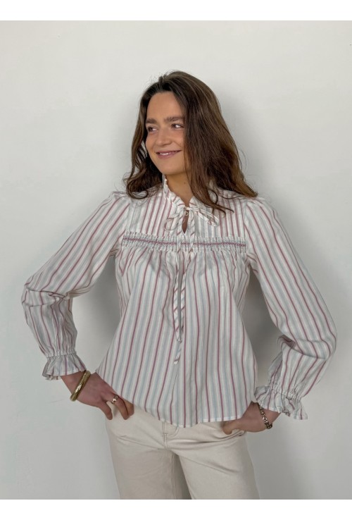 Chemisier LILA à smocks rose et bleu ciel