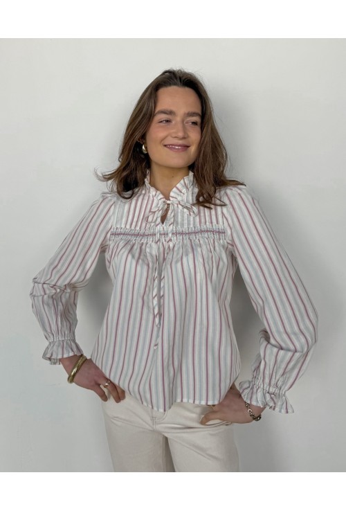 Chemisier LILA à smocks rose et bleu ciel