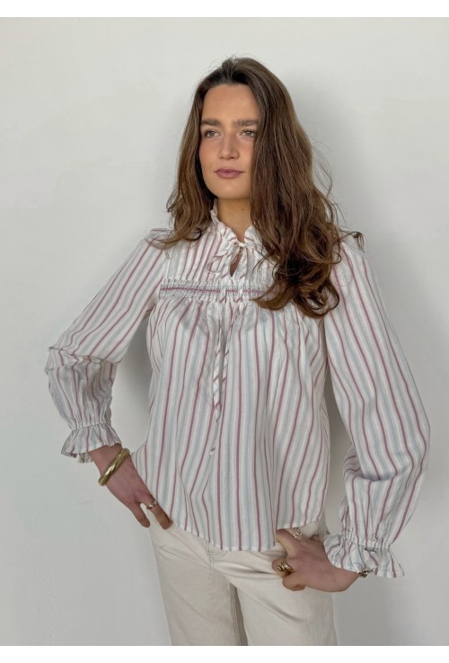 Chemisier LILA à smocks rose et bleu ciel